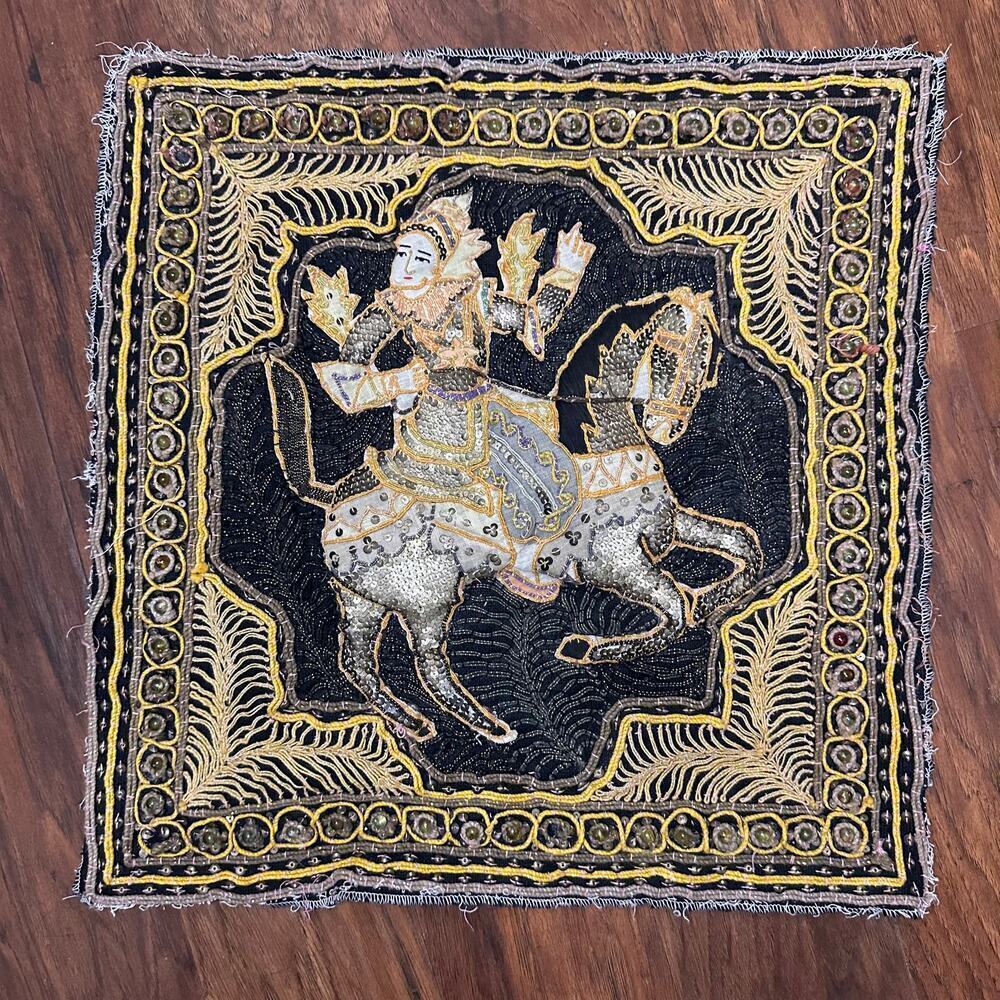 Antique Burmese Kalaga Embroidered Hand Sewn Horse Tapestry Flawed